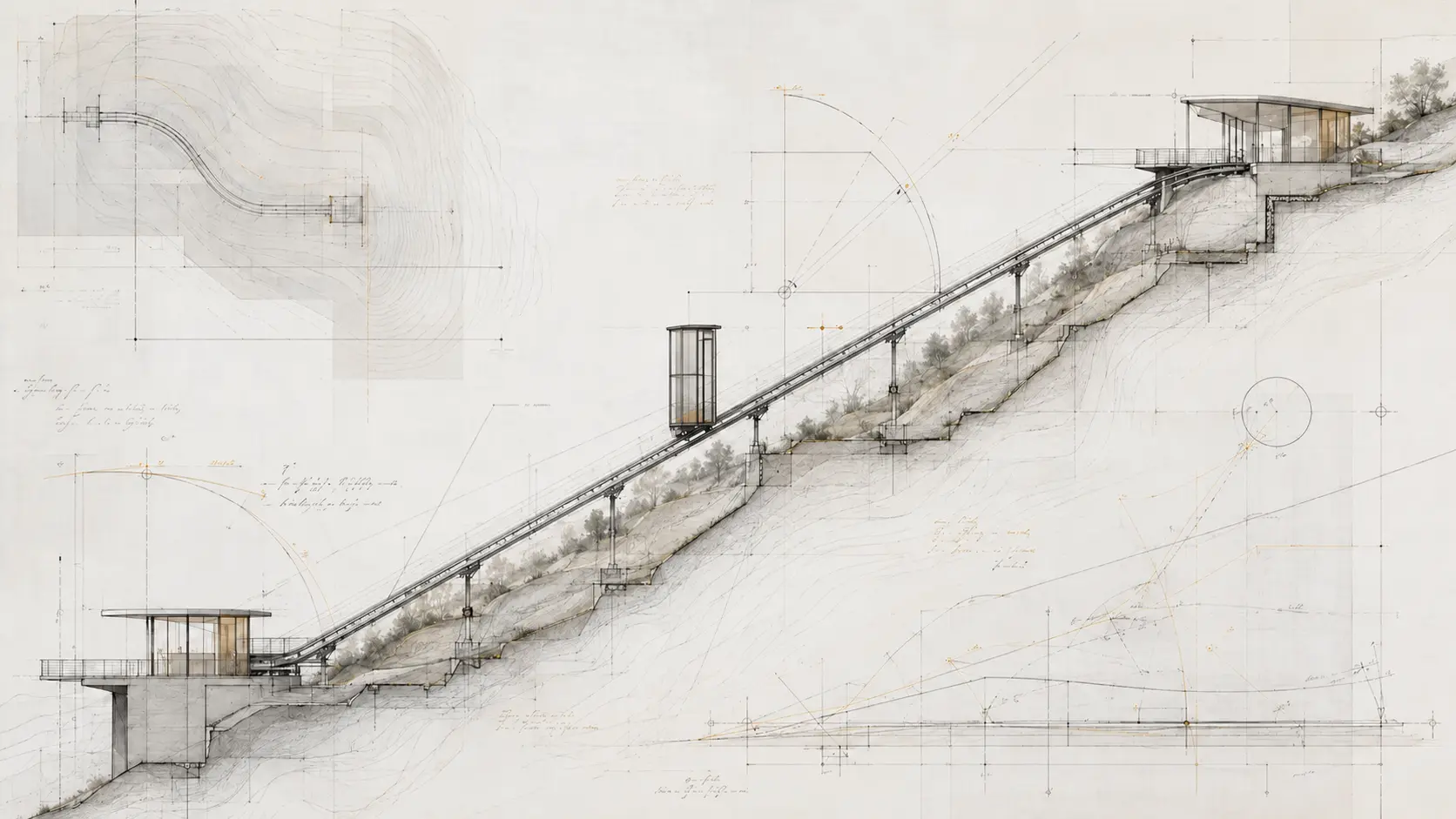 Route and relief study for an inclined connection on a steep site