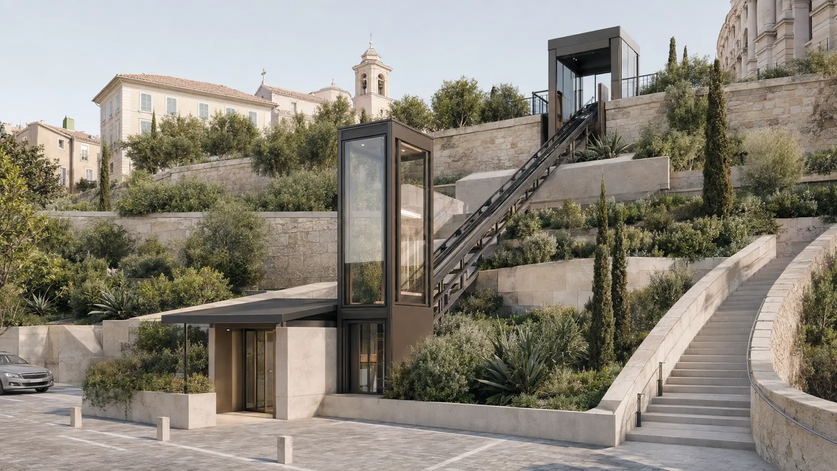 Inclined mobility for public hillside sites
