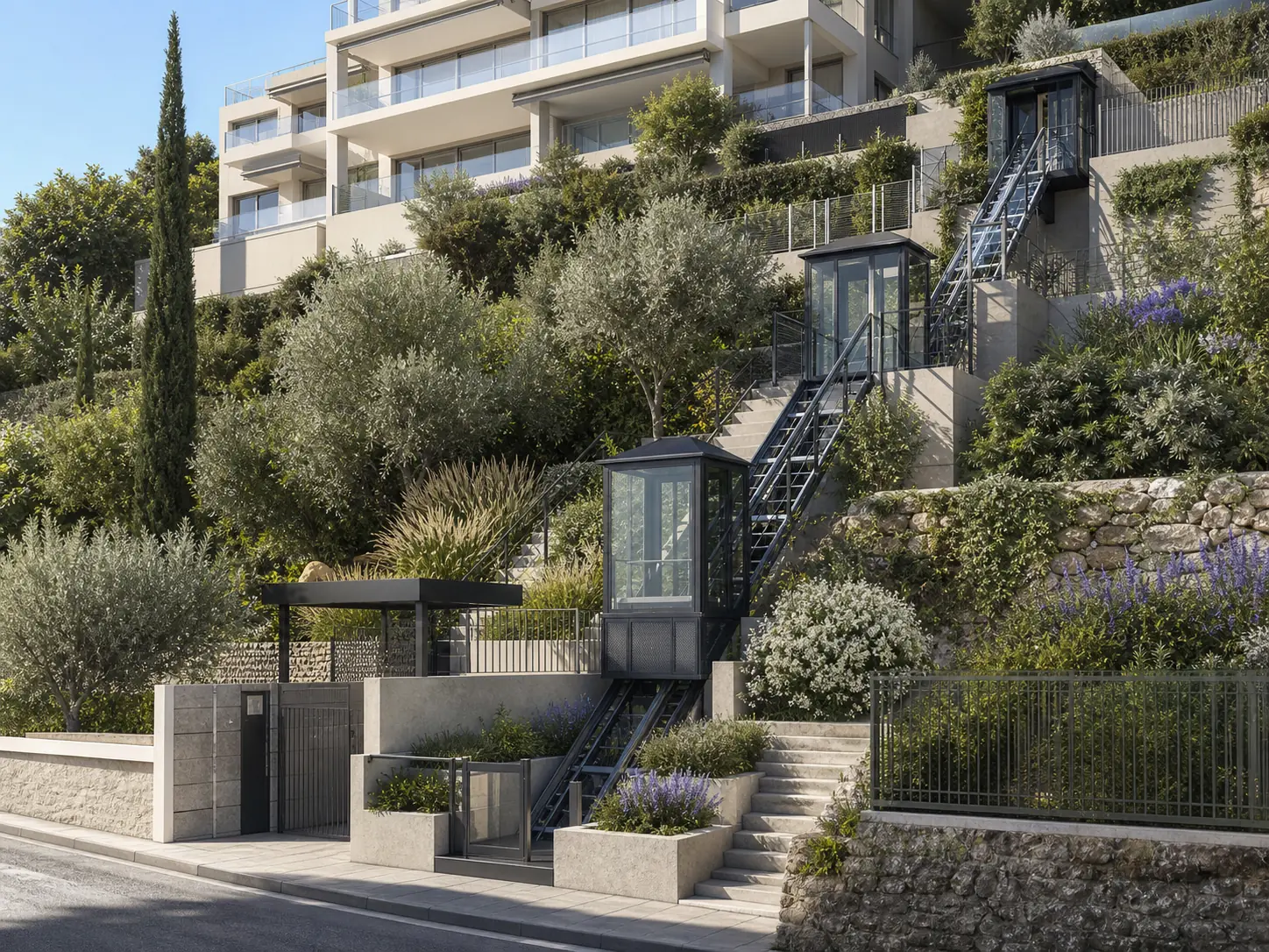 Concept visualisation of an inclined route integrated into a public hillside site
